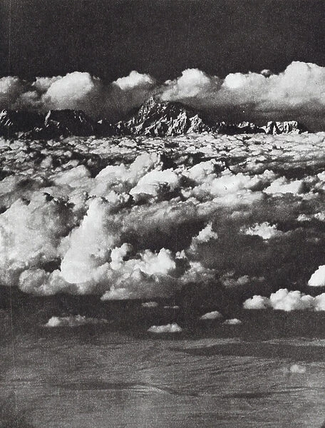 Mount Everest photographed from an aeroplane (b / w photo)