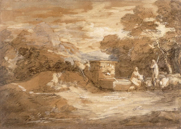 Mountain Landscape with Figures, Sheep and Fountain, c
