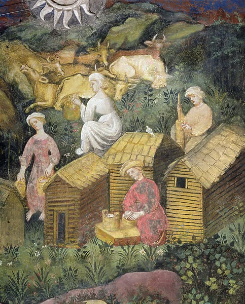 Mountain pastures. Milking the cows and cheese making (fresco)