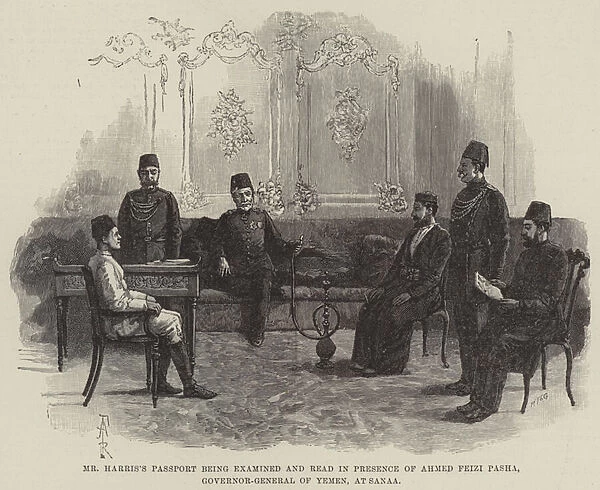 Mr Harriss Passport being examined and read in Presence of Ahmed Feizi Pasha, Governor-General of Yemen, at Sanaa (engraving)