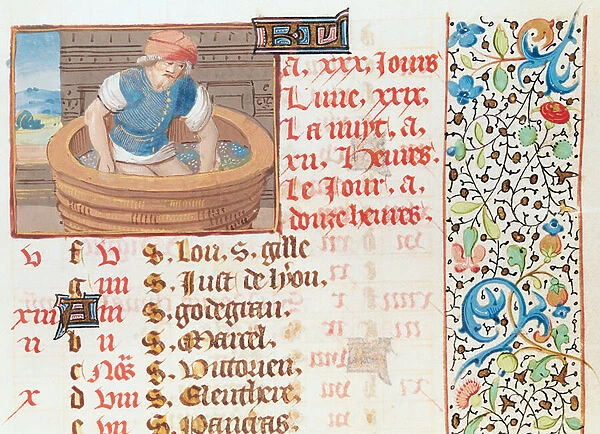 Ms 134 September: Trampling Grapes, from a Book of Hours (vellum)