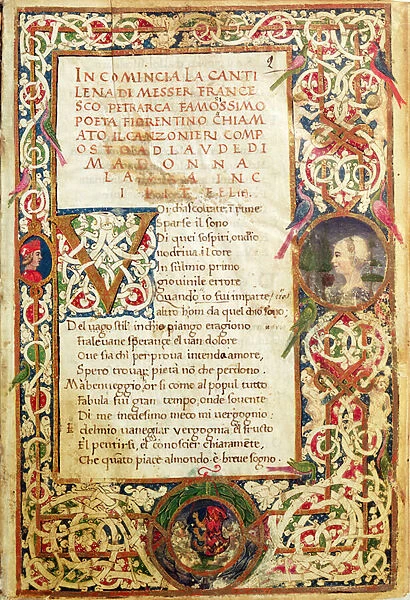 Ms. 392 fol. 1 Song in praise of Laure, from Sonetti, Canzoni e Triomphi by Petrarch, 1470 (vellum)