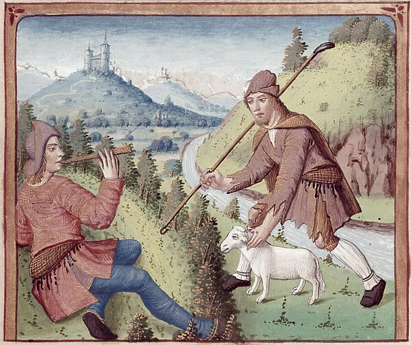 Ms 498 f. 3v Tityrus meets Meliboeus, from The Eclogues