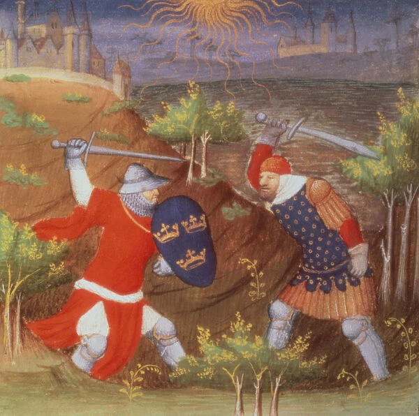 Ms Arsenal 5077 f. 298 King Arthur fights a Roman general, from a manuscript of Histories