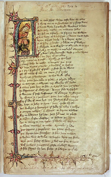 MS CCC 201 f. 1 Page of text with historiated initial depicting the dreamer