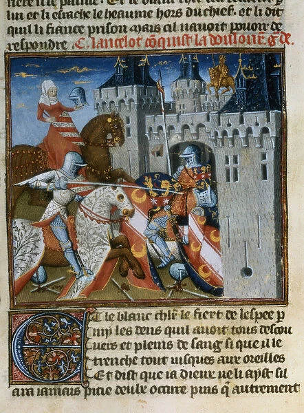 Ms. Fr 118 f. 189v Sir Lancelot captures Dolorous Garde with the aid of a new shield given