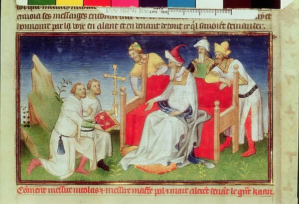 Ms Fr 2810 f. 5, Nicolo and Marco Polo before the Great Khan
