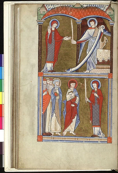 Ms Hunter 229 f. 17v an Angel holding a vacant scroll and presenting a palm to the Blessed Virgin, below, the Virgin showing the palm to S. John and other Apostles, , from the Hunterian Psalter, c. 1170 (pen & ink and tempera on vellum)