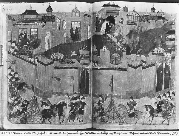 Ms Suppl Persan 1113 f. 180-181 Mongols under the leadership of Hulagu Khan storming