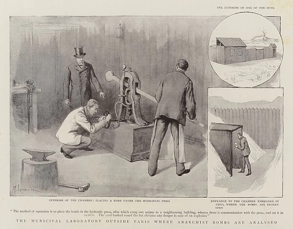 The Municipal Laboratory outside Paris where anarchist bombs are analysed (engraving)