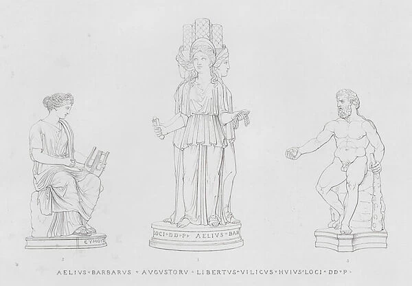 A Muse, Hecate Triformis, and Hercules, ancient Roman marble statues (engraving)