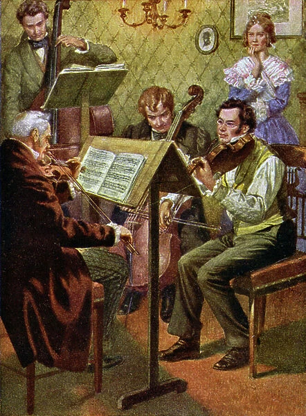 Music. Concert (quartet) in the Schubert family (Franz Schubert playing viola). Illustration, Hungary, c.1900 (postcard)