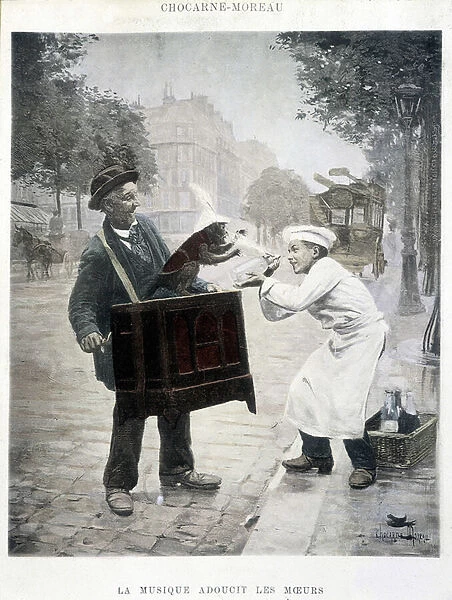 Music softens morals, painting by Chocarne-Moreau, c. 1900