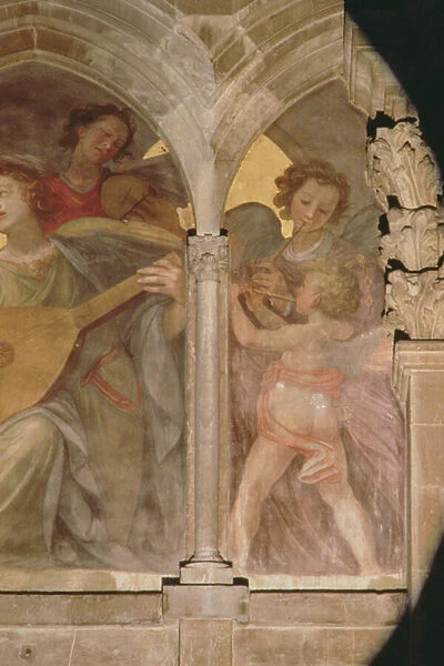 Musical angels with a trompe l oeil cloister, detail of cherub playing a flute