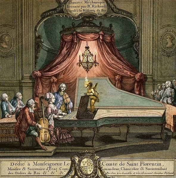 musical automatons - Mechanical concert invented by R. Richard dedicated to Louis Phelypeaux, Comte de Saint-Florentin (1705-1777) - Engraving on copper, 1769, by Joseph de Longueil (1730-1792) after Charles Eisen (1720-1778)
