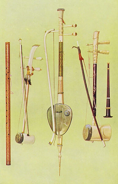 Musical instruments: Saw duang and bow, Saw tai and bow, Saw oo and bow, Klui, Pee (colour litho)