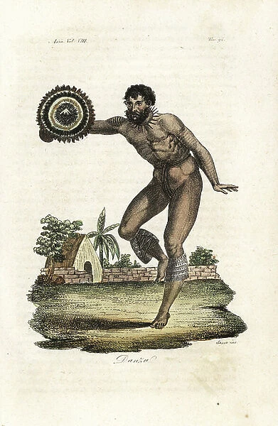 Naked tattooed man of Hawaii (Sandwich Islands) dancing for Captain James Cook, 1778. He holds a feathered shield and has dog's teeth leggings tied at the knee