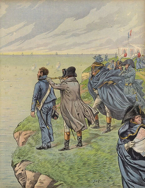 Napoleon Bonaparte surveying his fleet as they depart from Boulogne (colour litho)