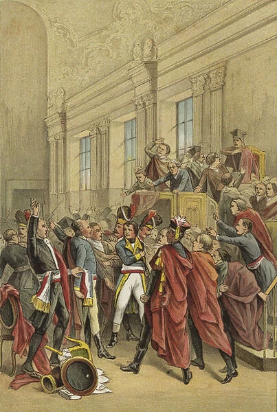 Napoleon evicting the Council of Five Hundred from its chambers, Coup of 18 Brumaire, 1799 (colour litho)