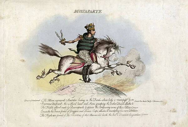 Napoleon gallops on Ambition, a horse with wings on its feet over the globe, 1814 (engraving)