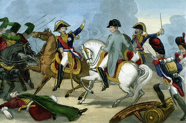 Napoleon I during the Russian Campaign in 1812. During the advance towards Moscow, the French emperor confronted a troop of Cossacks. Lithograph of the time