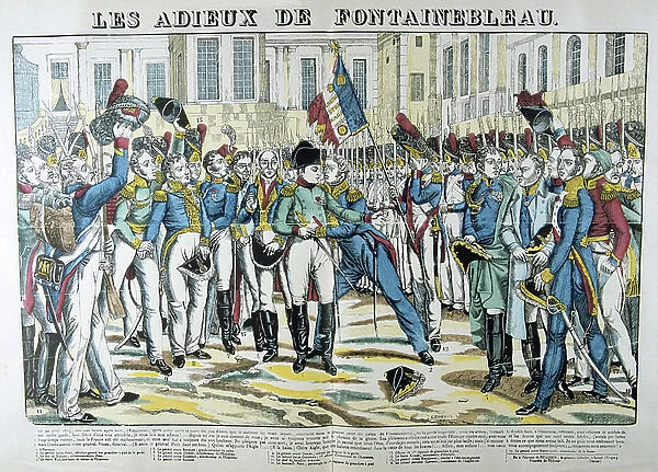 Napoleon I taking his leave at Fontainbleau of the Old Guard before going into exile onSt Helena, 20 April 1814. 19th century (french popular hand-coloured woodcut)