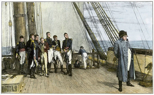 Napoleon sent into exile aboard the Bellerophon, July 23, 1815 - Napoleon sent into exile aboard H.M.S. Bellerophon, July 23, 1815. Hand-colored halftone reproduction of an illustration
