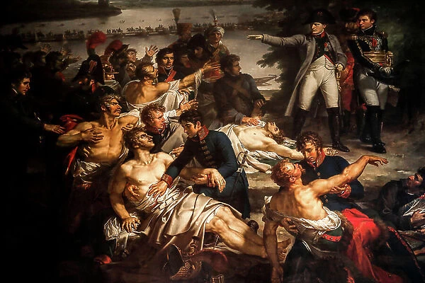 Napoleon visiting the wounded soldiers in the Lobau Island, 19th century (oil on canvas)