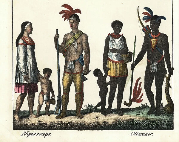 Native to Canada: a family of Indians from Lake Nipissing and a family of Indians from the Ottawa area. Lithography for the book: ' Galerie complete en tableaux fideles des peuples d'Amerique et d'Australie' by Friedrich Wilhelm Goedsche