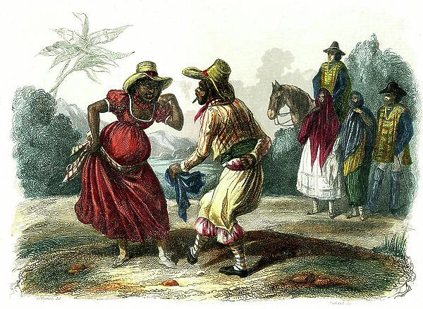 Native peruvian dance ' The chocolate ' Lima, PERU, 1843 (engraving)