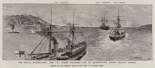 The Naval Manoeuvres, the 'C'Fleet steaming out of Queenstown under sealed orders (litho)