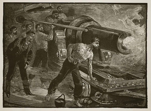 Naval warfare: working a ships gun, engraved by W. J. Palmer (engraving)
