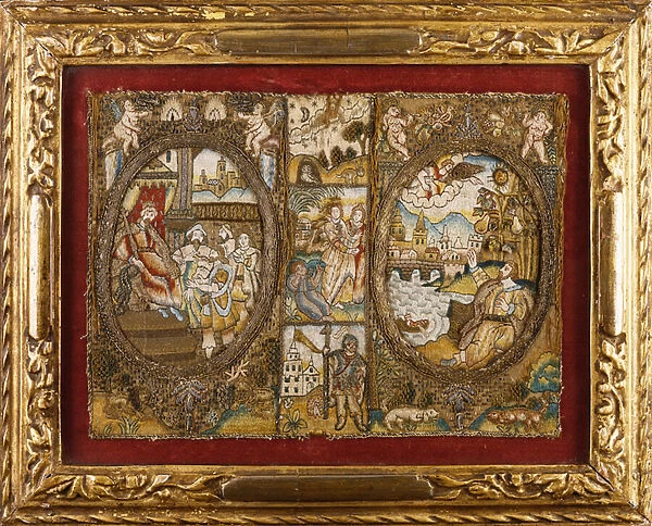 A needlework book binding depicting religious scenes with a seated king