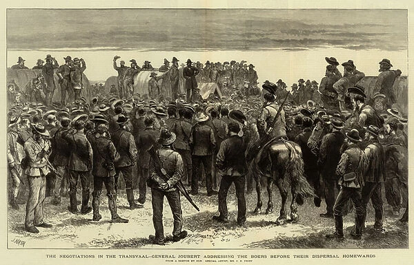The Negotiations in the Transvaal, General Joubert addressing the Boers before their Dispersal Homewards (engraving)