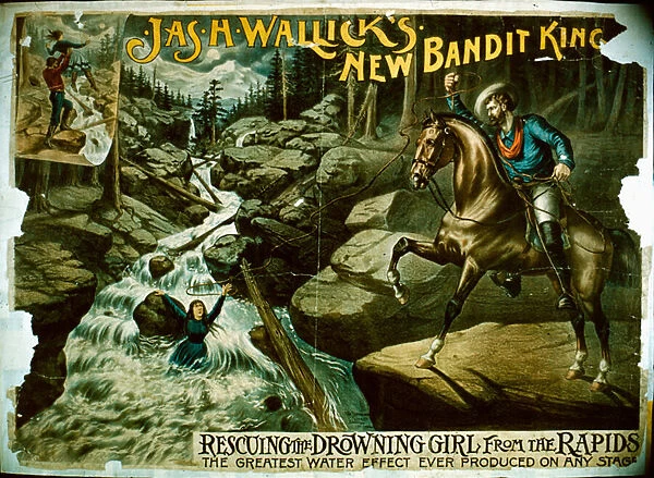 The New Bandit King rescuing a girl from the rapids, 1880s-90s (colour litho)