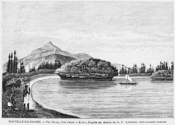 New Caledonia, Isle of Pines, Pic Nga seen from Kuto, after a drawing by Reverend Father