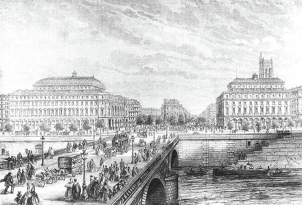New theatres on the Chatelet square in Paris from the 'pont au change' (bridge), engraving after Felix Thorigny, 1862