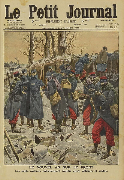 New Year at the front line: French Army officers and soldiers exchanging gifts, World War I, 1915 (colour litho)