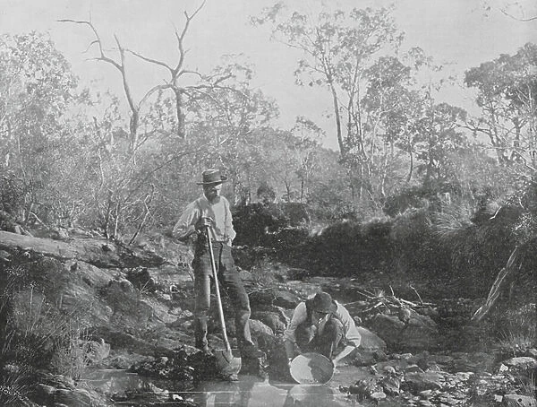 New Zealand, 1890s: Prospectors trying a Dish (b / w photo)