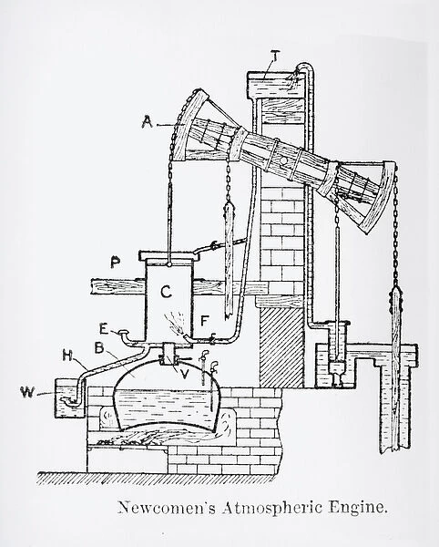 Newcomens Atmospheric Engine (engraving) (b&w photo)