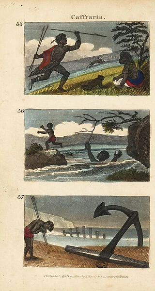 Nguni or Bantu (Kaffir) warrior hunting antelope with spears 55, forsaking a woman drowning in a river 56, and worshipping an anchor from an East India ship 57