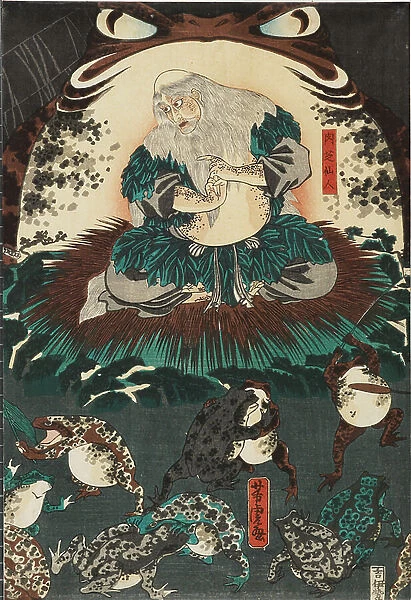 Nikushi the Frog Spirit Conjures up a Magical Battle of Frogs at Tateyama in Etchū Province, 1864 (woodblock print, with bokashi)