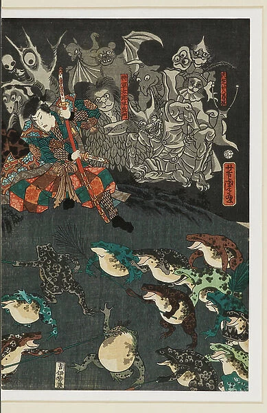 Nikushi the Frog Spirit Conjures up a Magical Battle of Frogs at Tateyama in Etchū Province, 1864 (woodblock print)
