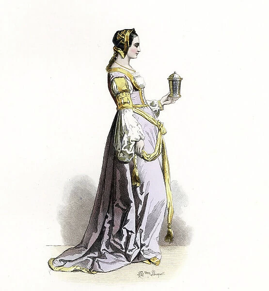 Noble girl of Holland, after Lucas de Leiden, 1509 - Handcoloured steel engraving by Polydor Pauquet from the Pauquet Brothers' '' Foreign Fashions and Costumes Ancient and Modern', Paris, 1865