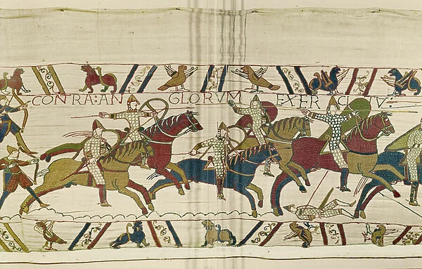 The Norman army ride into battle against the army of the English, Bayeux Tapestry (wool embroidery on linen)