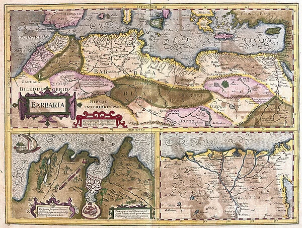 North Africa with siege of Tunis and Nile delta (engraving, 1596)