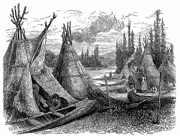 North America : Indian native encampment, 1889 (engraving)