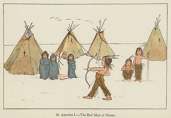 North America, the Red Man at home (colour litho)