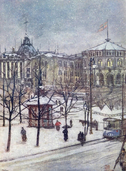 Norway: The Houses of Parliament (Storthing), Christiania (colour litho)