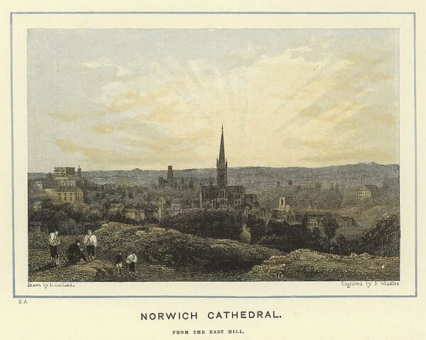 Norwich Cathedral, from the East Hill (colour litho)
